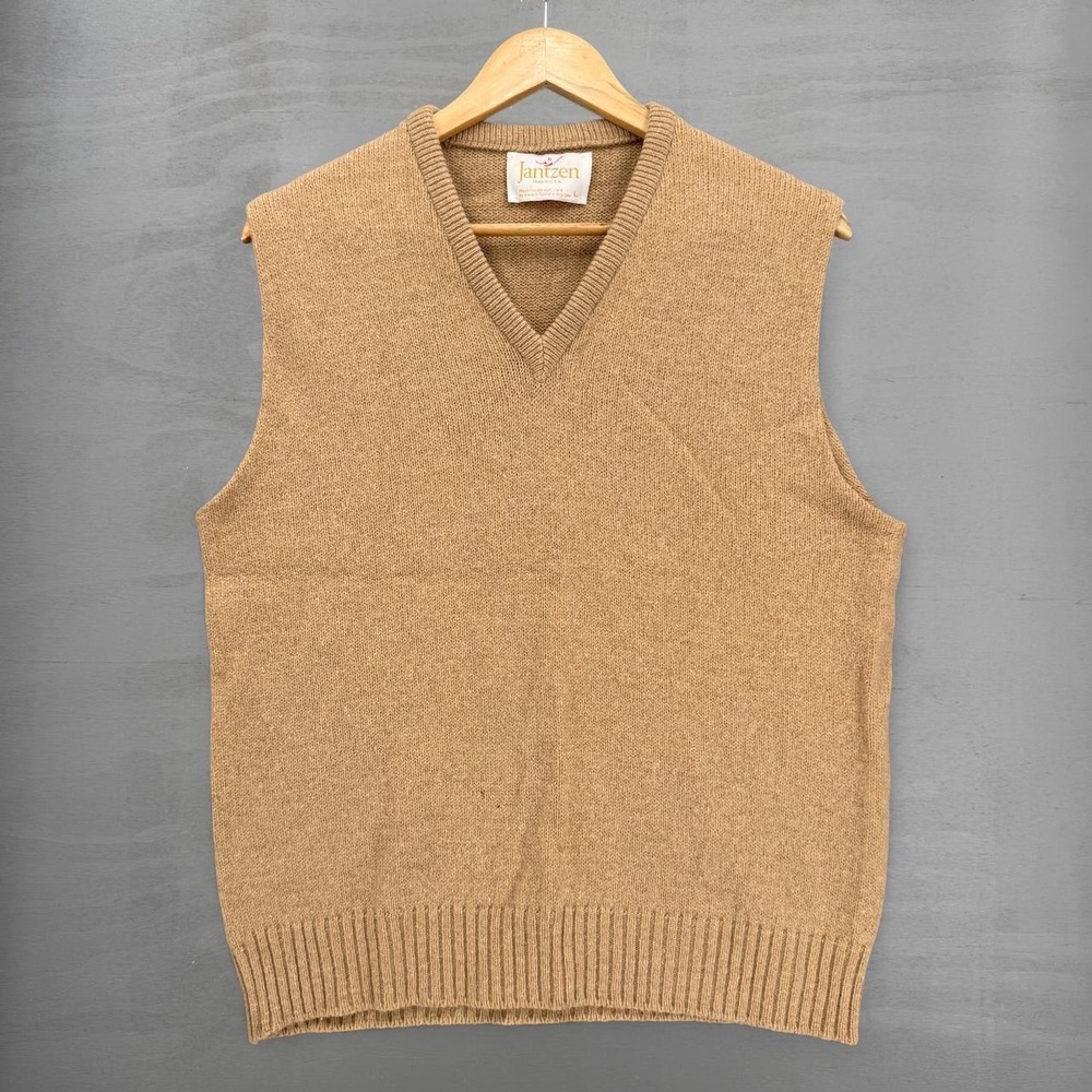 Vintage Jantzen Sweater Vest Tan V-Neck Knit Vintage Made in USA Large